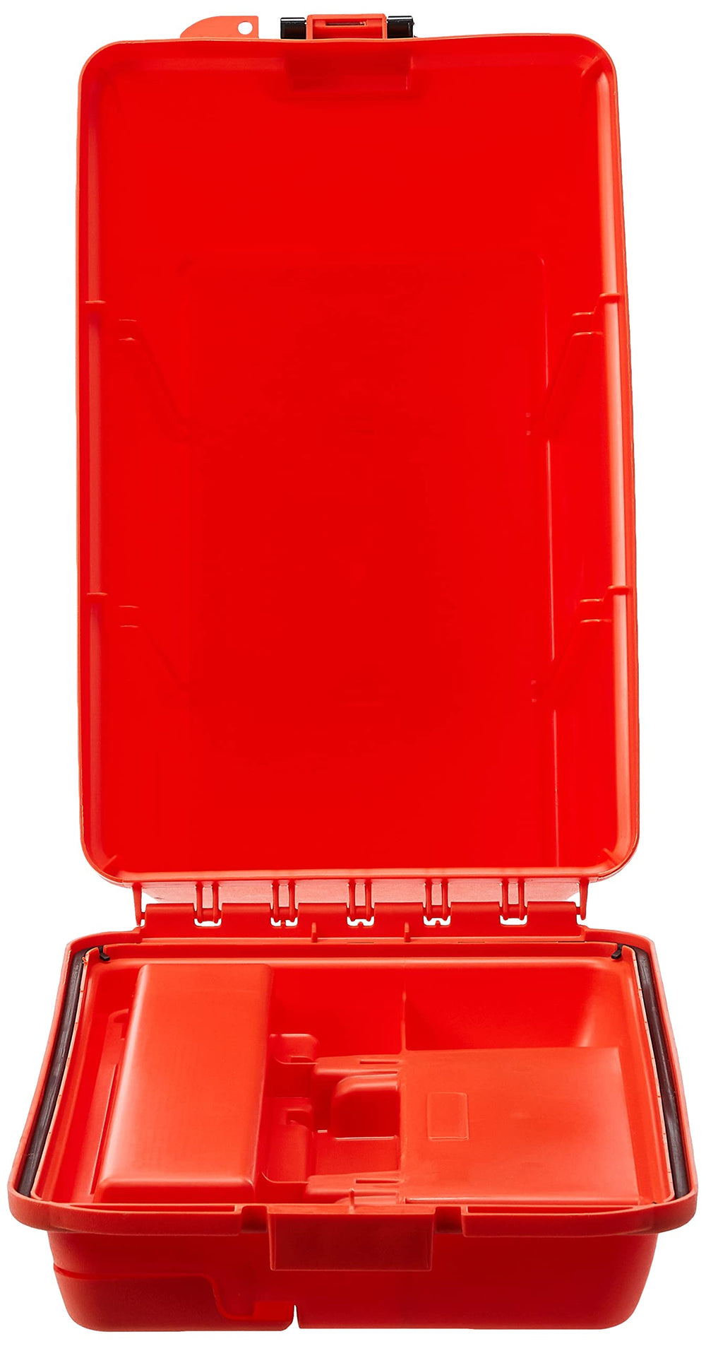 Close-up of oversized handle and brass-bailed latch on orange Plano storage box