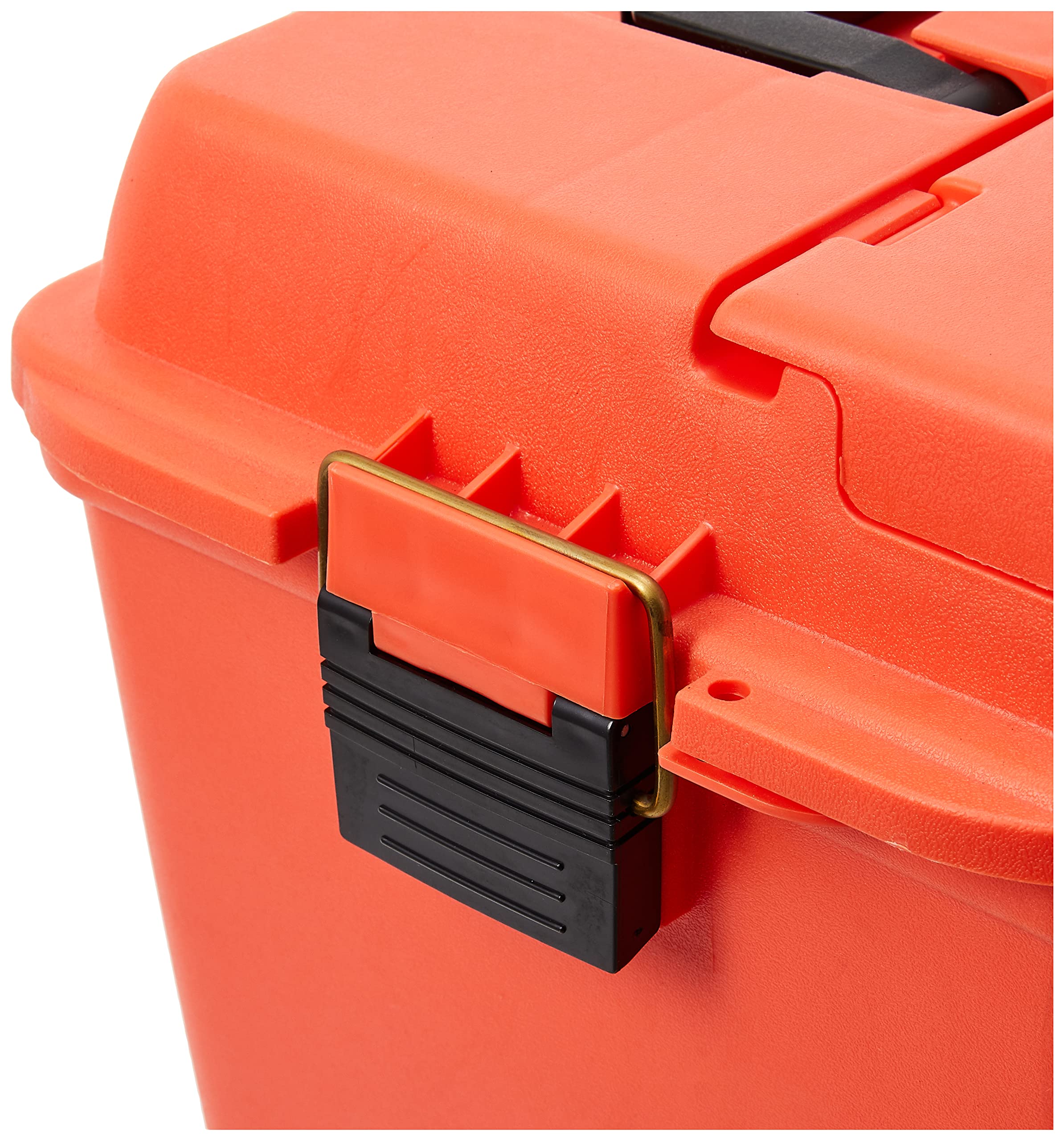 Top-access storage feature on the orange Plano dry storage box