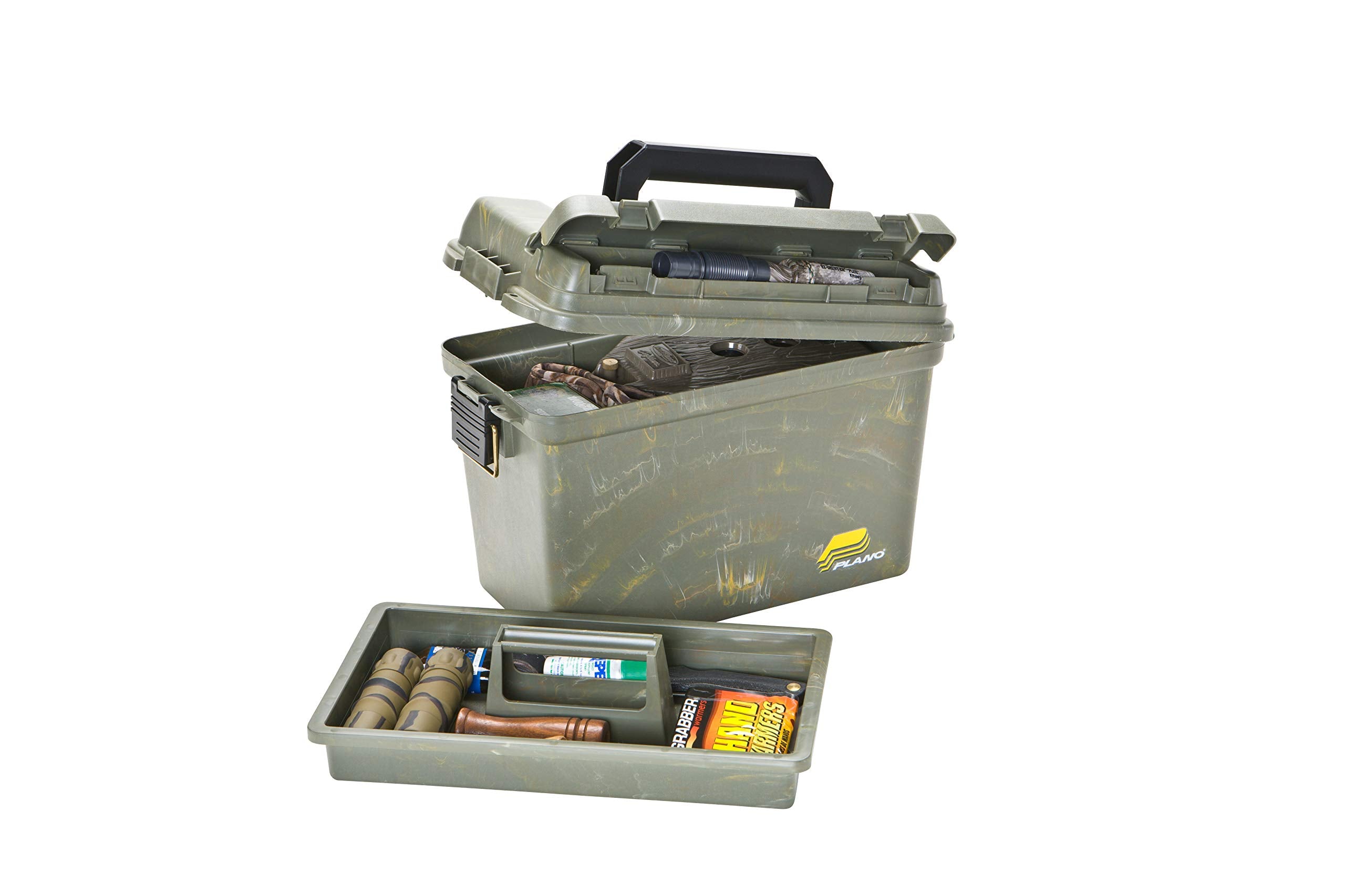 Plano Field Ammo Box camo with lid open, showing lift-out tray for organized storage.