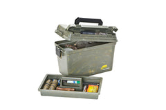 Plano Field Ammo Box camo with lid open, showing lift-out tray for organized storage.