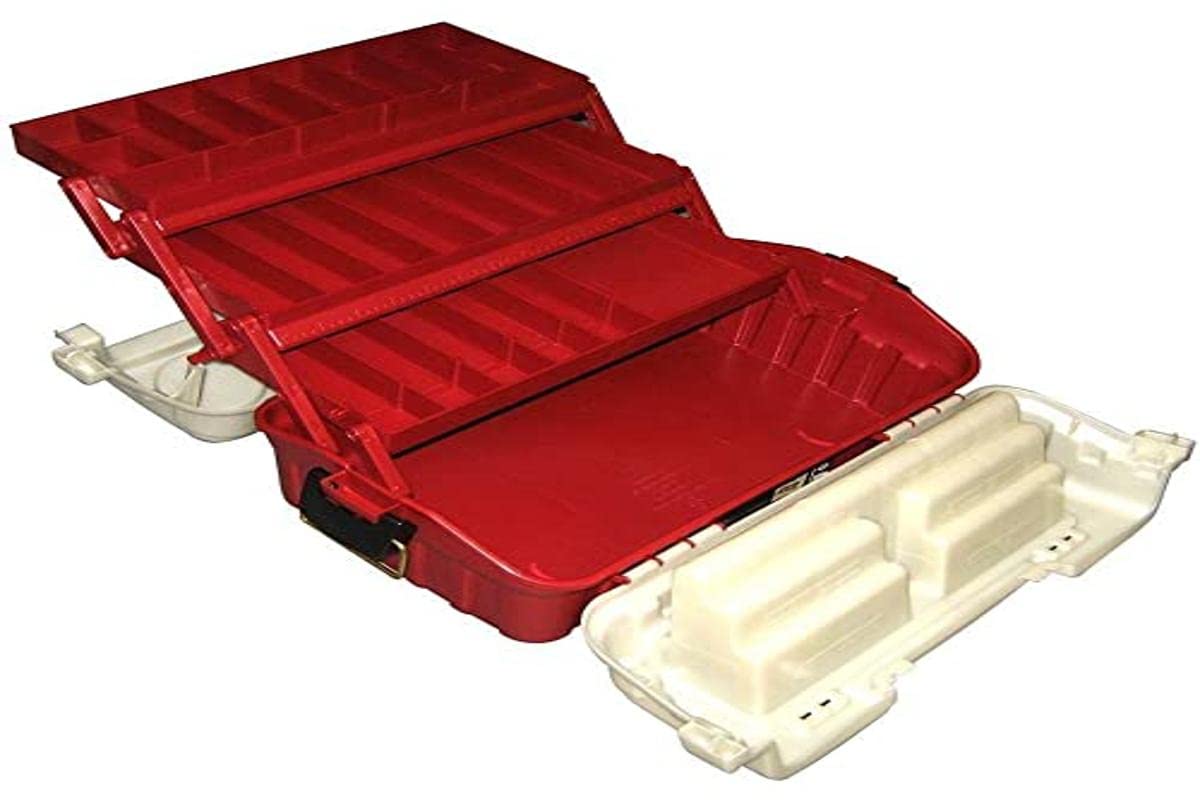 Plano Flip Sider three-tray tackle box with top-lid access for quick lure retrieval.