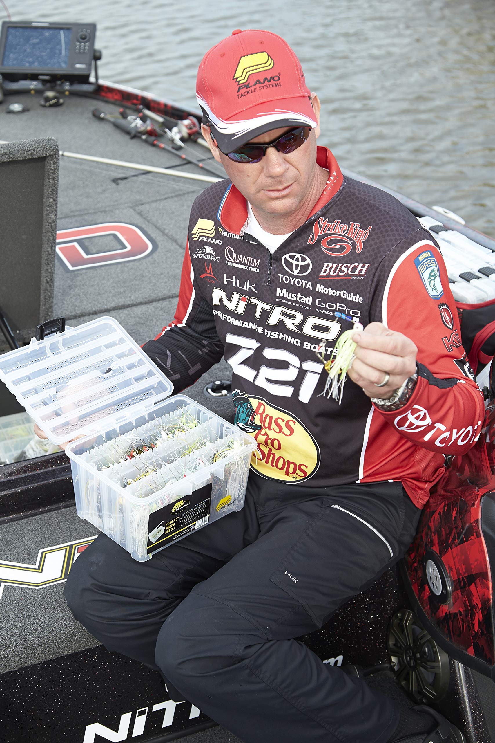 Three adjustable spinnerbait racks organize up to 72 baits in Plano Hydro-Flo.