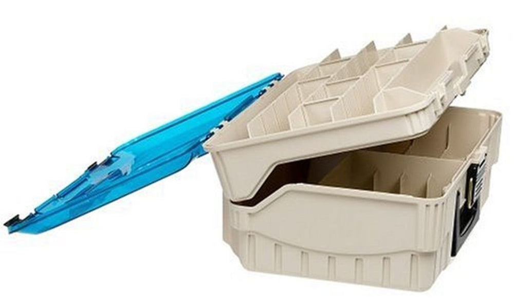 Plano interior with two-tier spinnerbait racks under lid keeps lures organized.