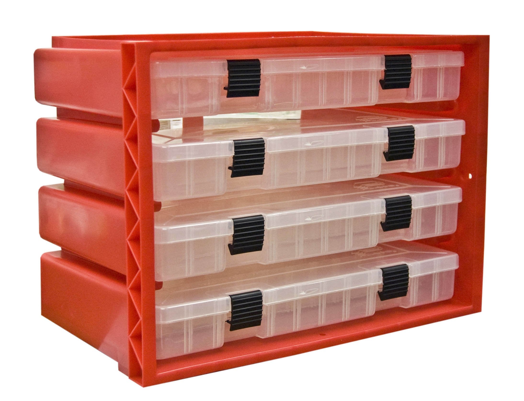 Plano Molding 974 StowAway rack in red with slide-out compartments for easy access to small parts
