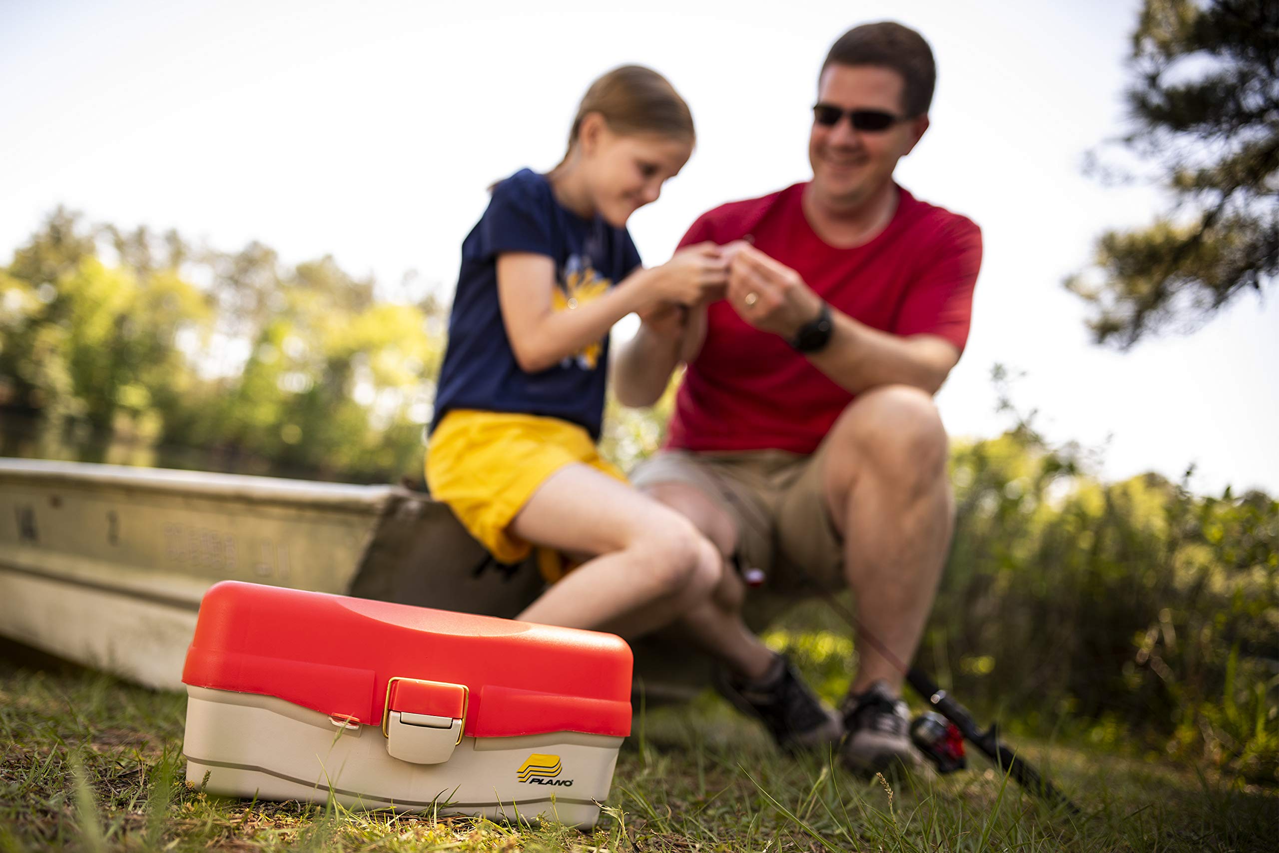 Plano Ready-Set-Fish 2-Tray Box with bright orange lid for visibility.