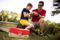 Plano Ready-Set-Fish 2-Tray Box with bright orange lid for visibility.