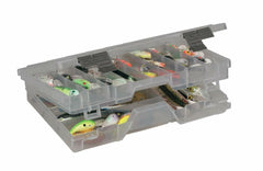 Plano two-tier stowaway 3700 smoke open compartments for easy bait access.
