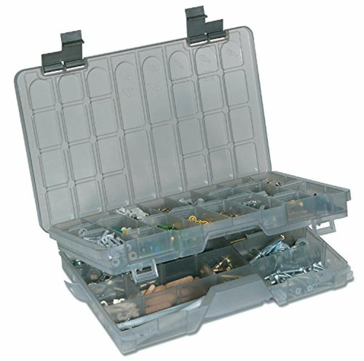 Plano two-tier stowaway 3700 smoke top view for compact tackle organization.