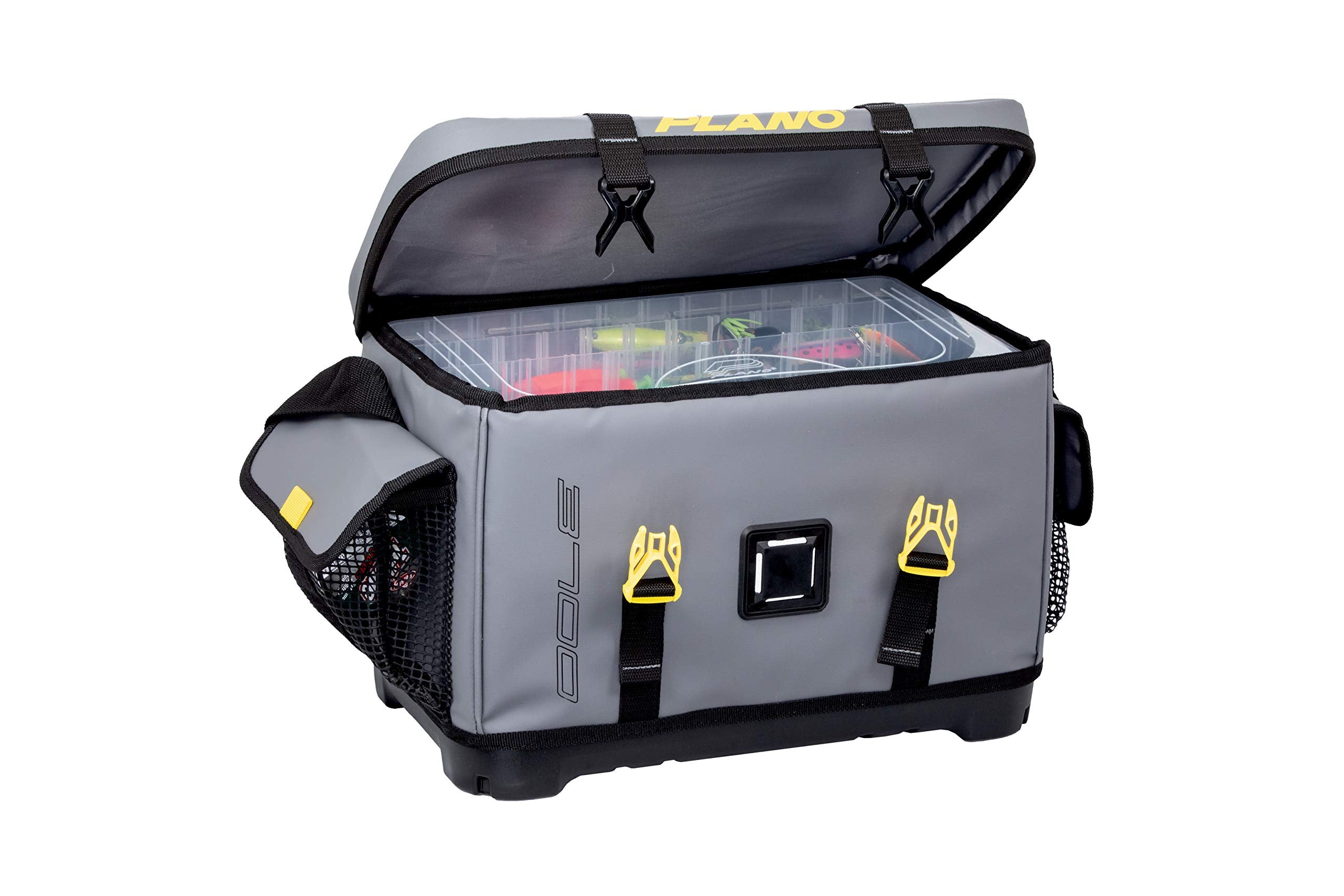 Plano Z-Series 3700 Tackle Bag open with 2 StowAway boxes for organized storage