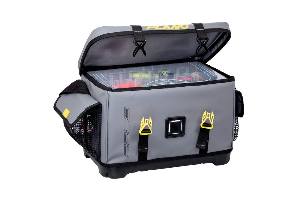 Plano Z-Series 3700 Tackle Bag open with 2 StowAway boxes for organized storage