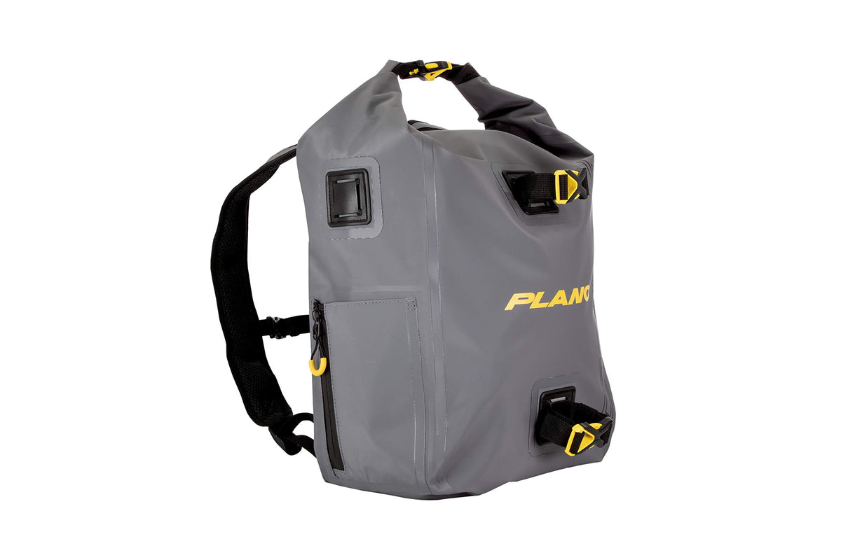 Plano Z-Series roll-top waterproof backpack front view for hands-free angling.