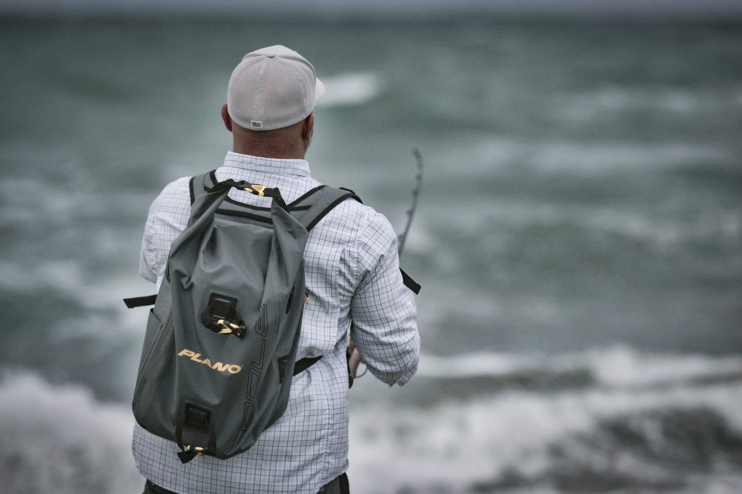 Plano Z-Series roll-top waterproof backpack welded seams protect gear in rain.