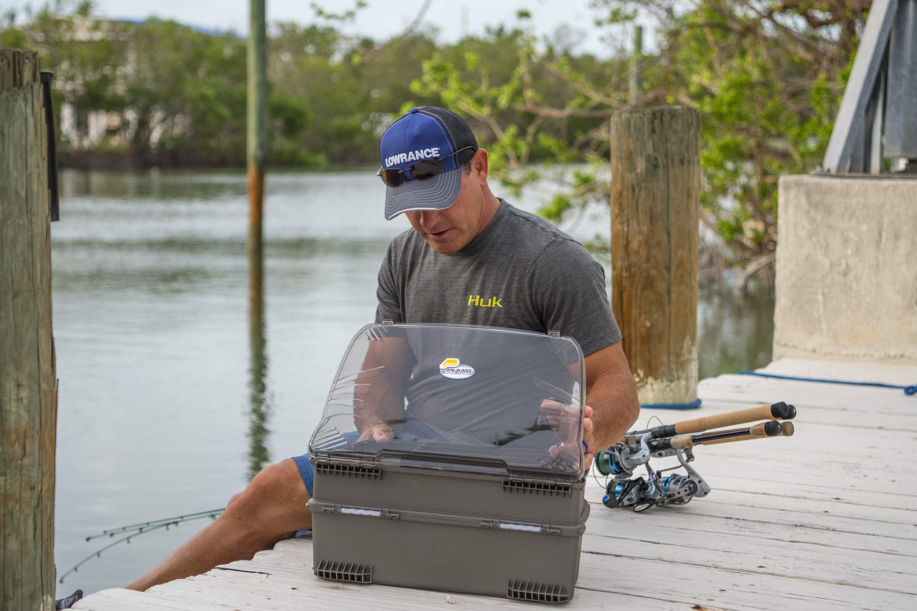 Plano 1444 Magnum Guide Series Tackle Box Graphite/Smoke with lid open showing top storage