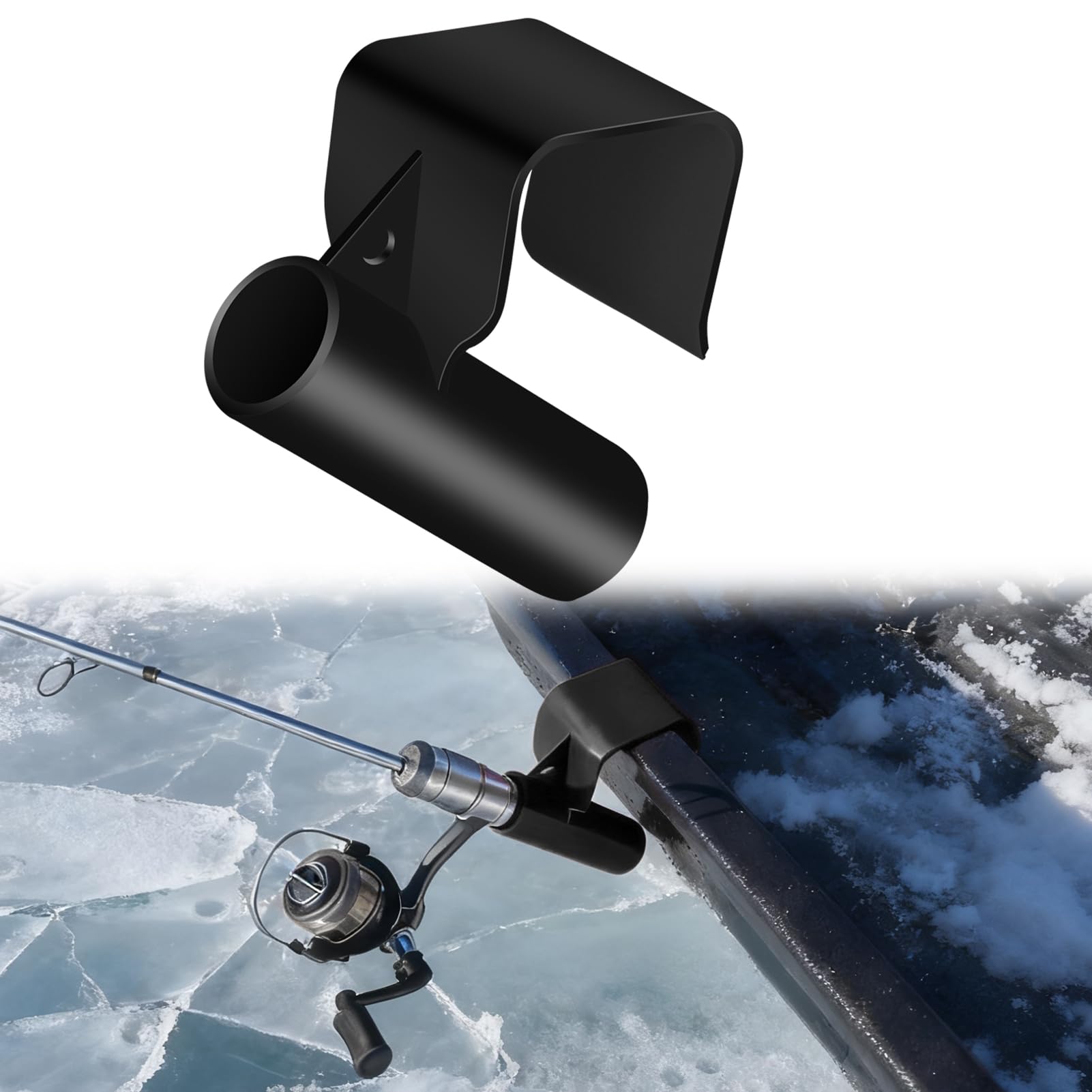 Black plastic ice fishing rod holder mounted on a sled