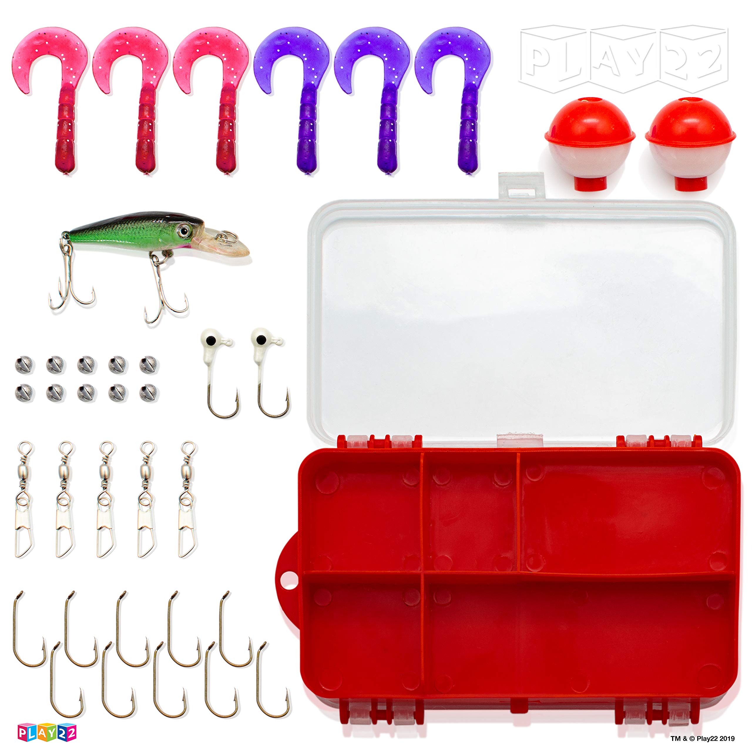 All-in-one Play22 kids fishing kit with lures, hooks, bobbers and gear in a carry bag