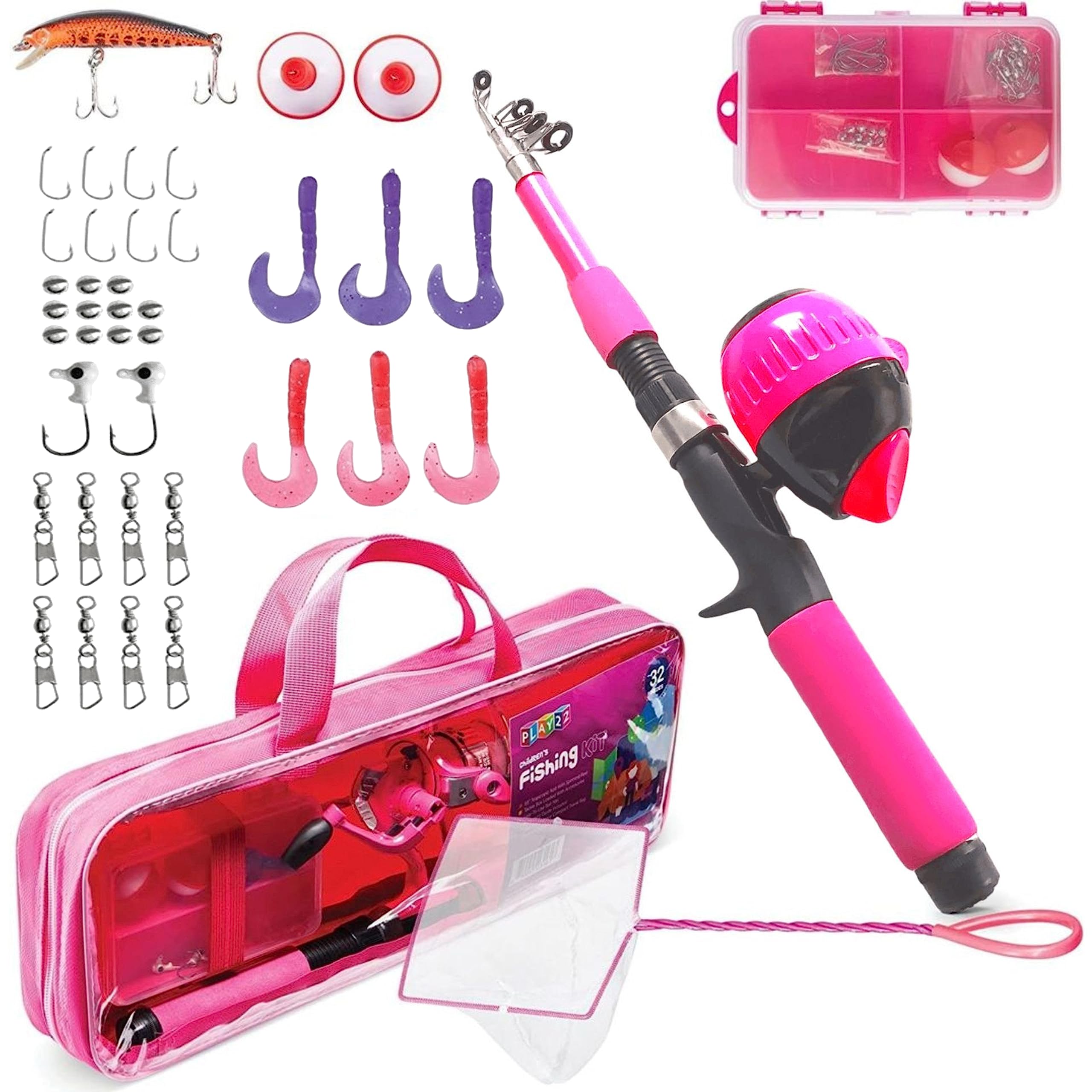 Play22 Pink Kids Fishing Pole with 65-inch Telescopic Rod and Spincast Reel