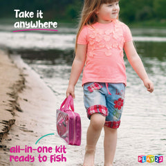 Pink kids fishing pole set with tackle box and carry-on bag