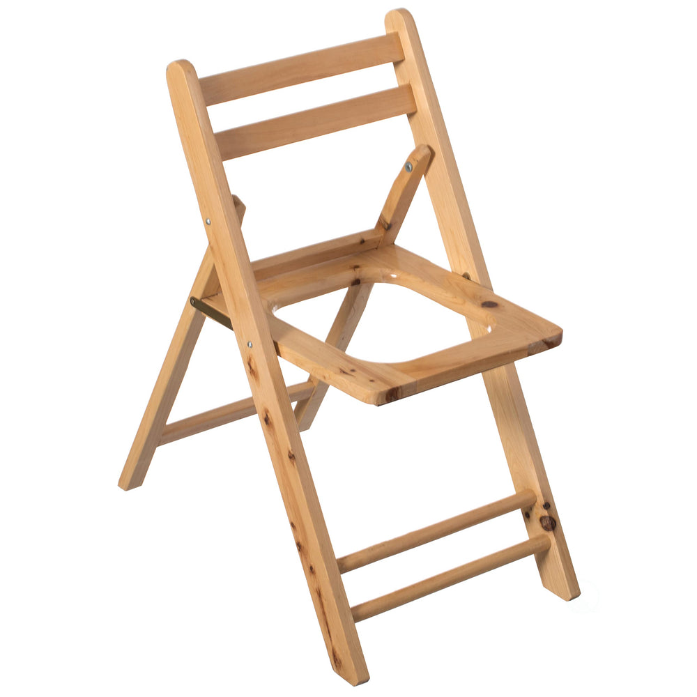 Playberg wooden folding toilet seat with backrest for outdoor comfort during travel.
