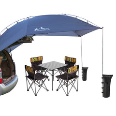PlayDo teardrop awning blue back view provides roomy shade for campers.