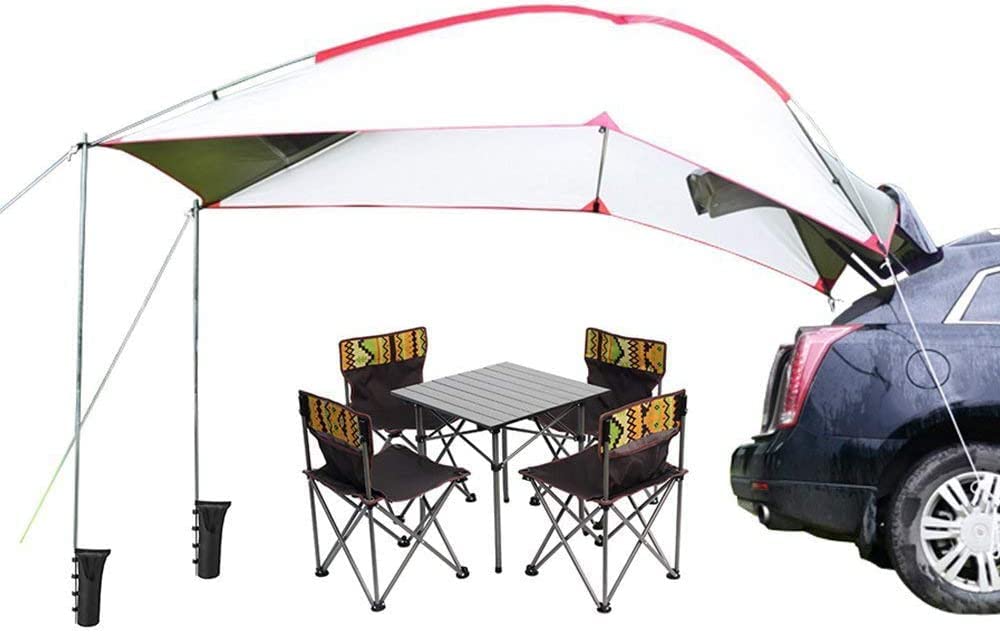 PlayDo teardrop awning front view showing sun shelter over vehicle
