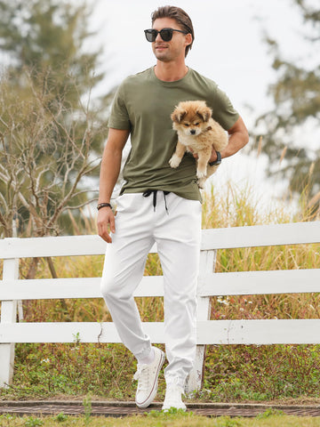 PLEPAN mens casual cargo joggers black back pockets with leather label design for durable storage