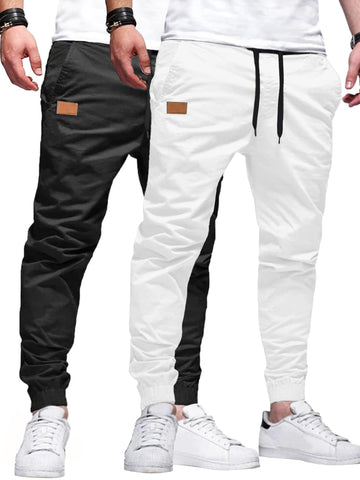 PLEPAN mens casual cargo joggers black front view with adjustable drawstring for a customizable fit