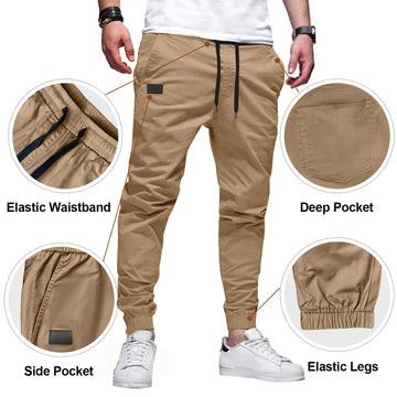 PLEPAN men's casual cargo joggers twill fabric close-up shows breathable cotton blend