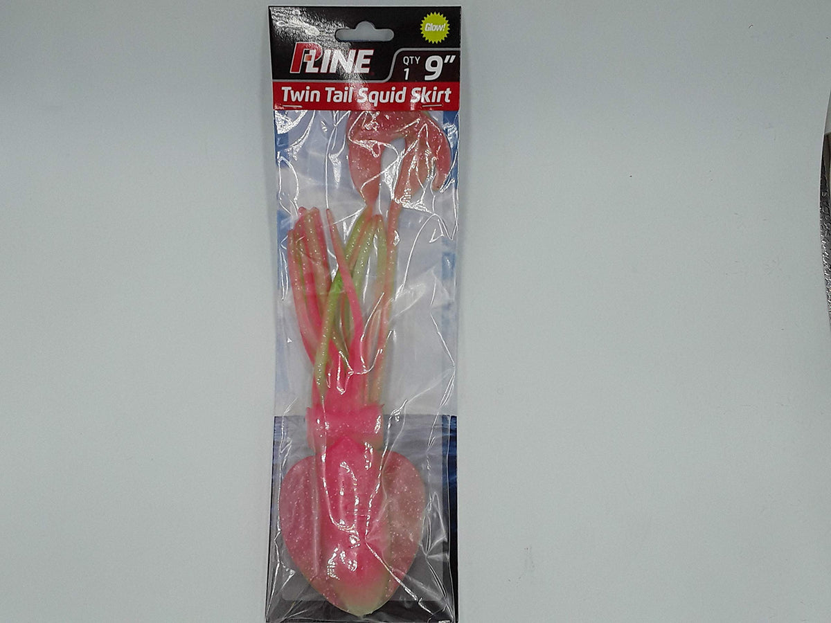 P-Line Twin Tail Squid 9-inch pink green glow glitter attracts strikes for saltwater fishing