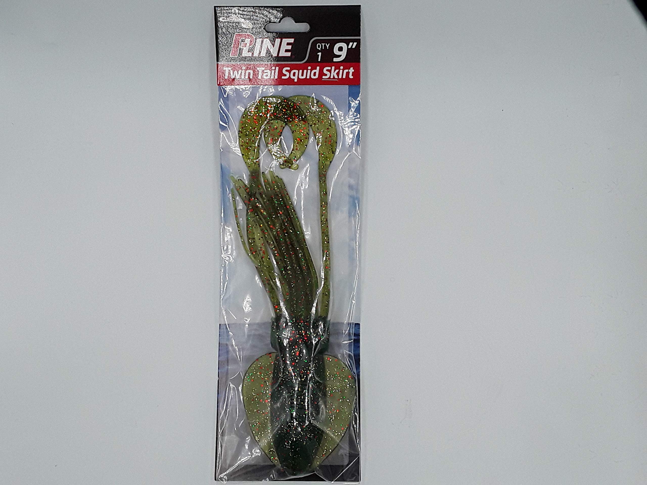P-Line Twin Tail Squid lure in motor oil multi glitter attracts saltwater predators.