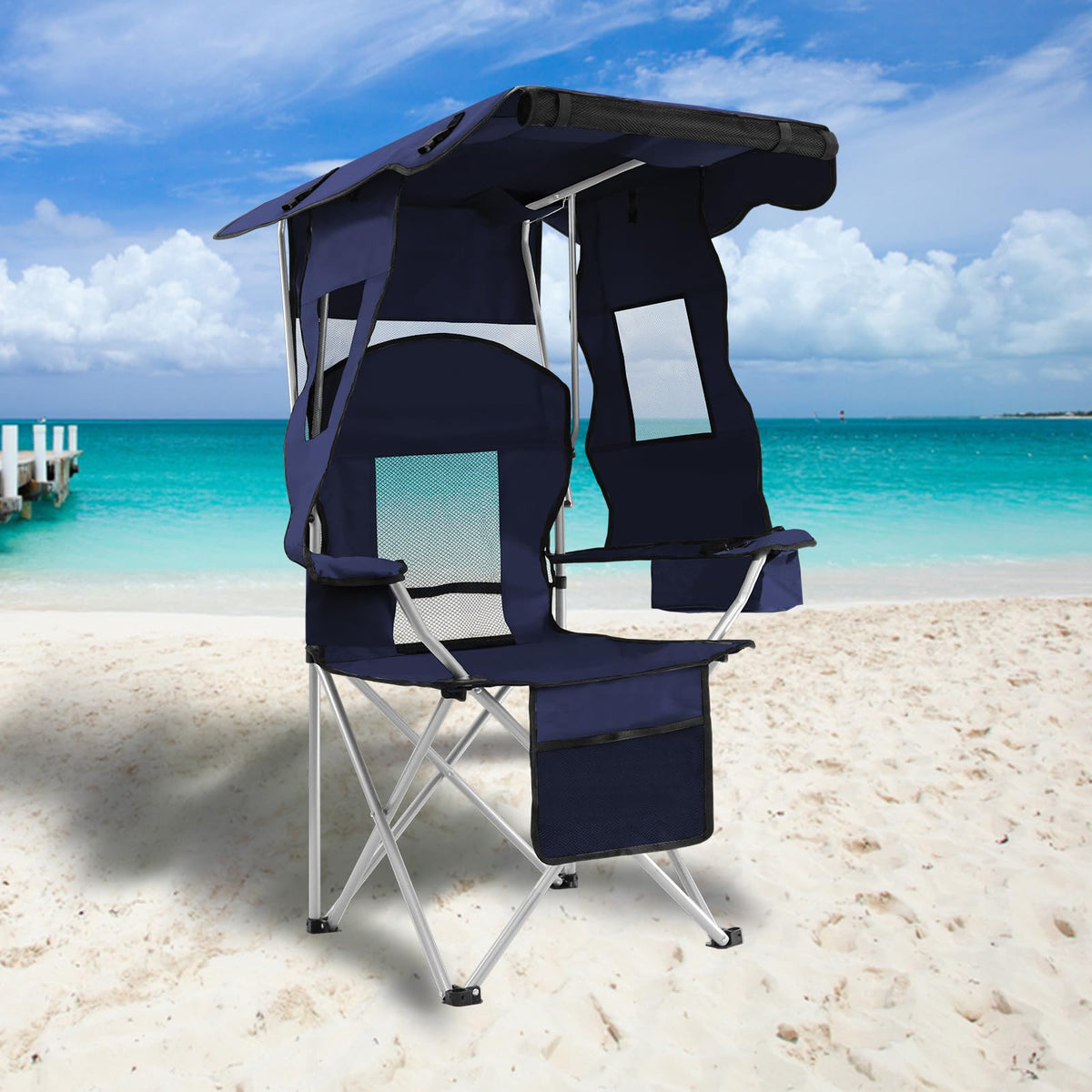 PLKO camping chair with canopy blue provides sun protection for hot-day outdoor activities