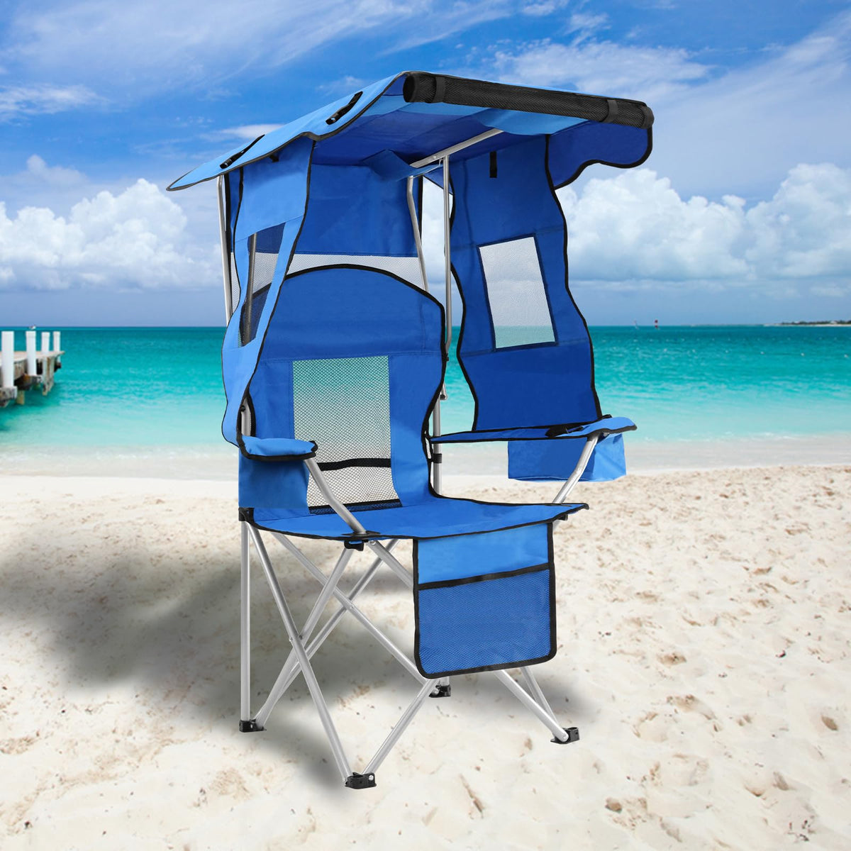 PLKO camping chair with canopy provides shade and portable comfort.