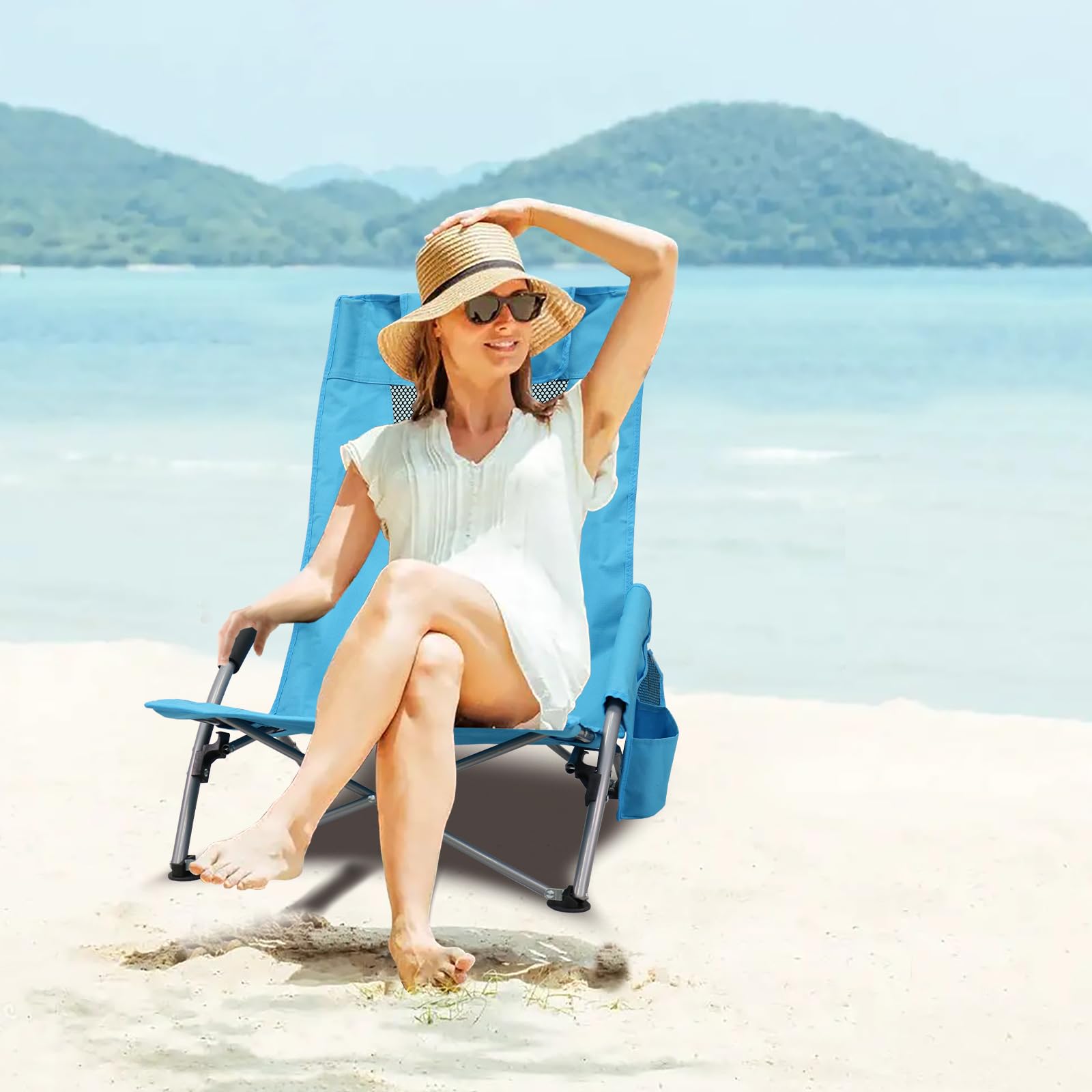PLKO high back beach chair 2-pack side pocket highlights convenient storage.