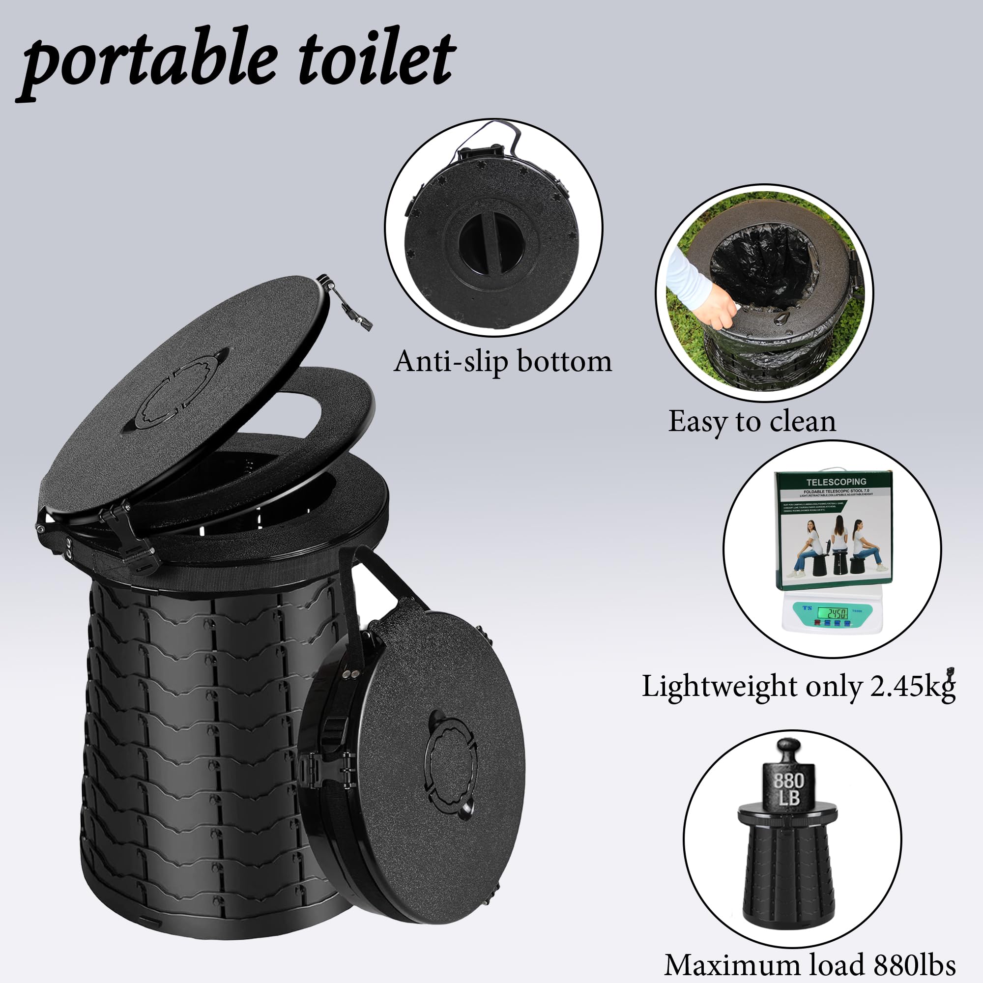 PLOGGING XXL folding camping toilet shows compact design for travel storage.