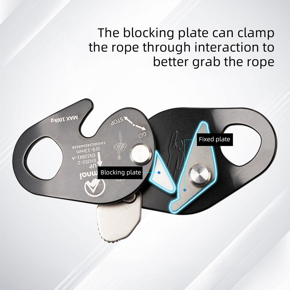plplaaoo rope grab block plate closeup showing smooth rope interaction.
