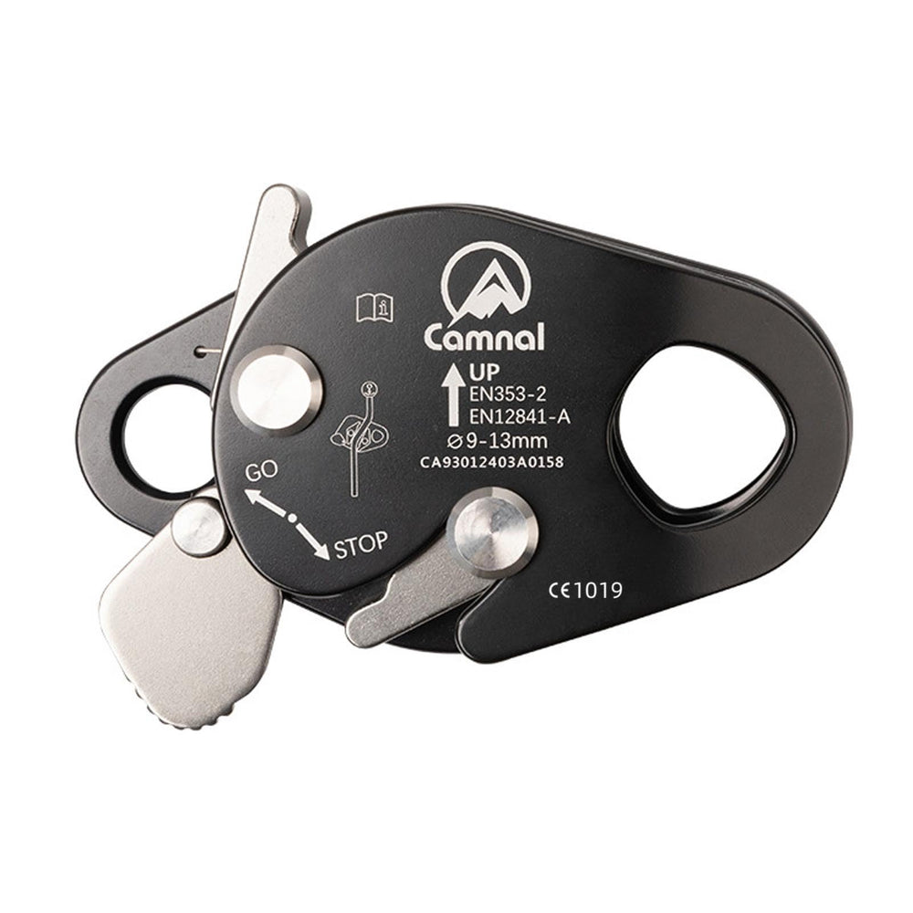 plplaaoo rope grab in black with secure grip for climbing safety.