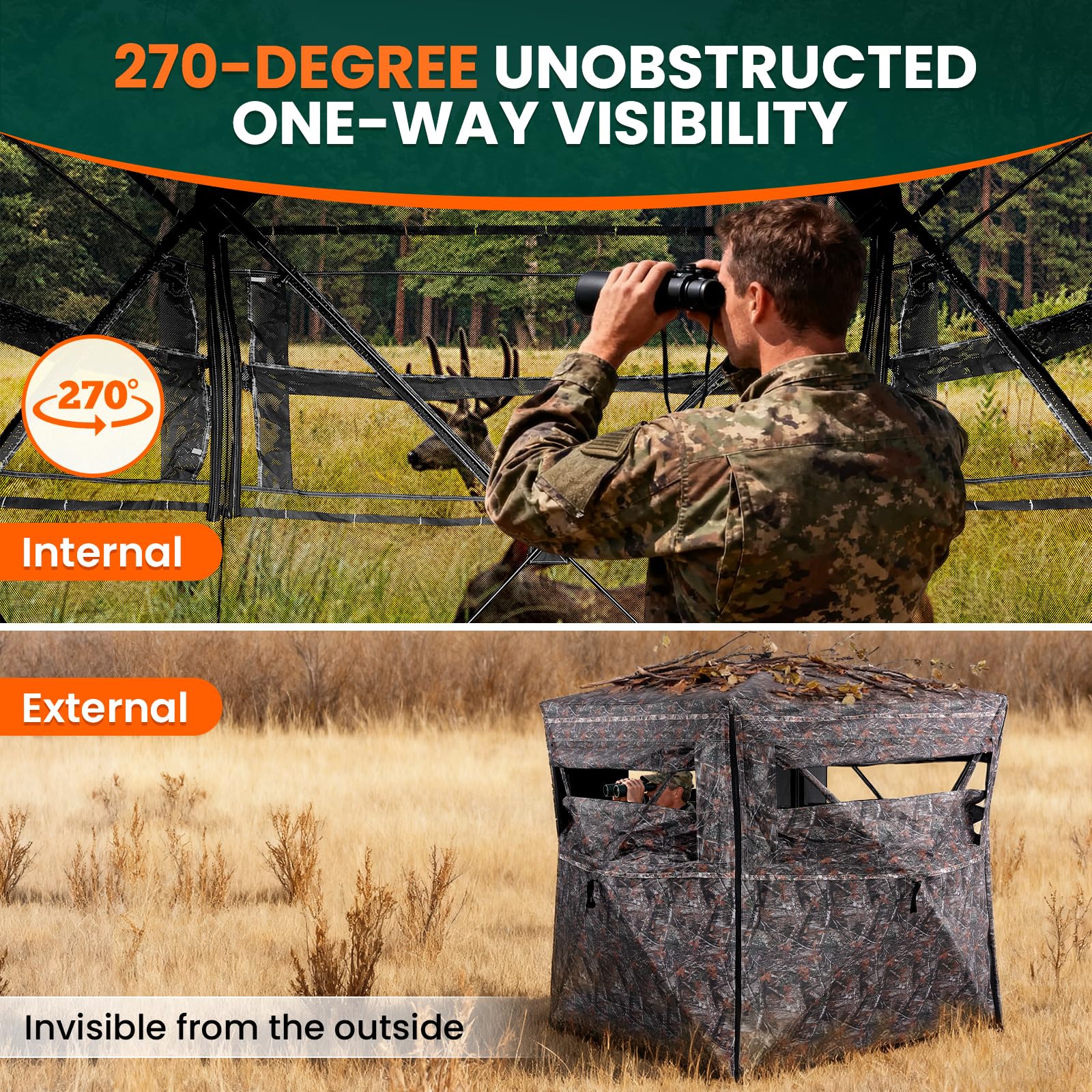 Plscoverit hunting blind 270-degree interior view for wide visibility