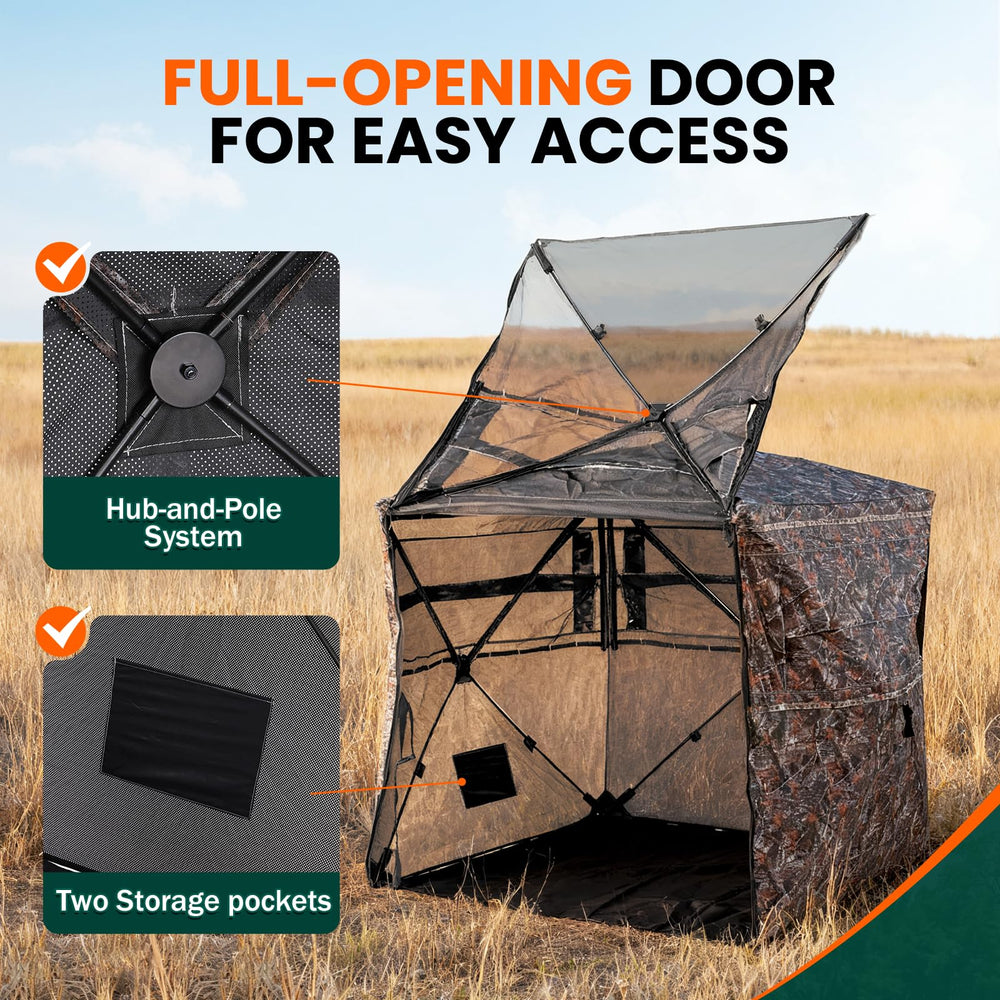 Plscoverit hunting blind rotating door offers easy access and gear transport