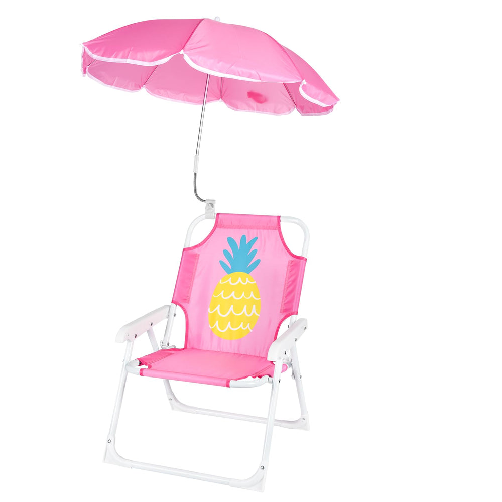 PLULON kids beach chair with pineapple pattern and umbrella for sunny beach shade.