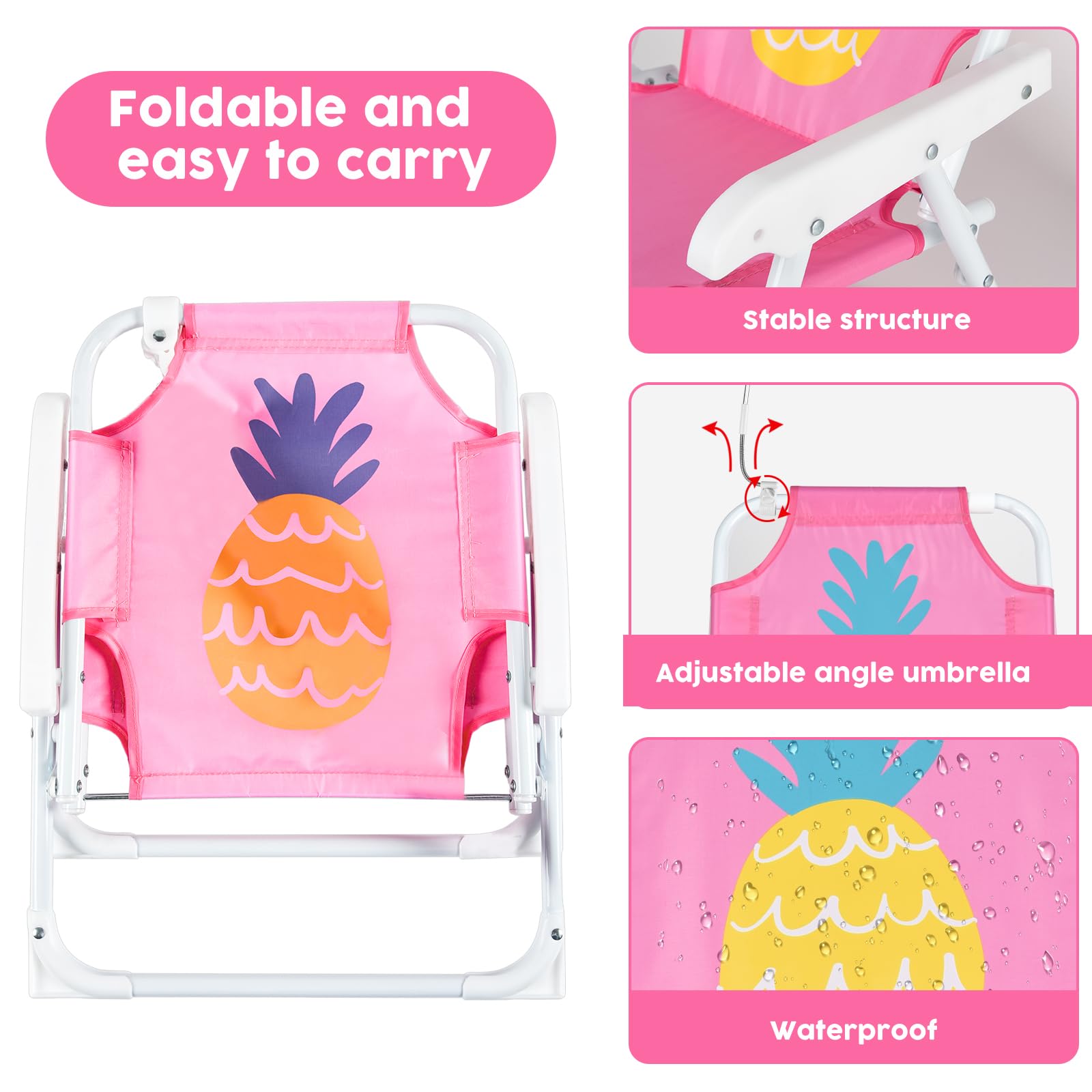 PLULON kids chair at beach scene supports comfy seating during camping and travel.