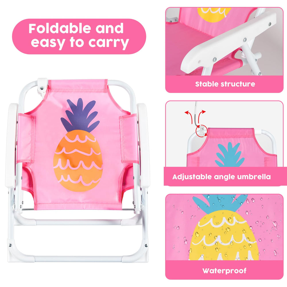 PLULON kids chair at beach scene supports comfy seating during camping and travel.