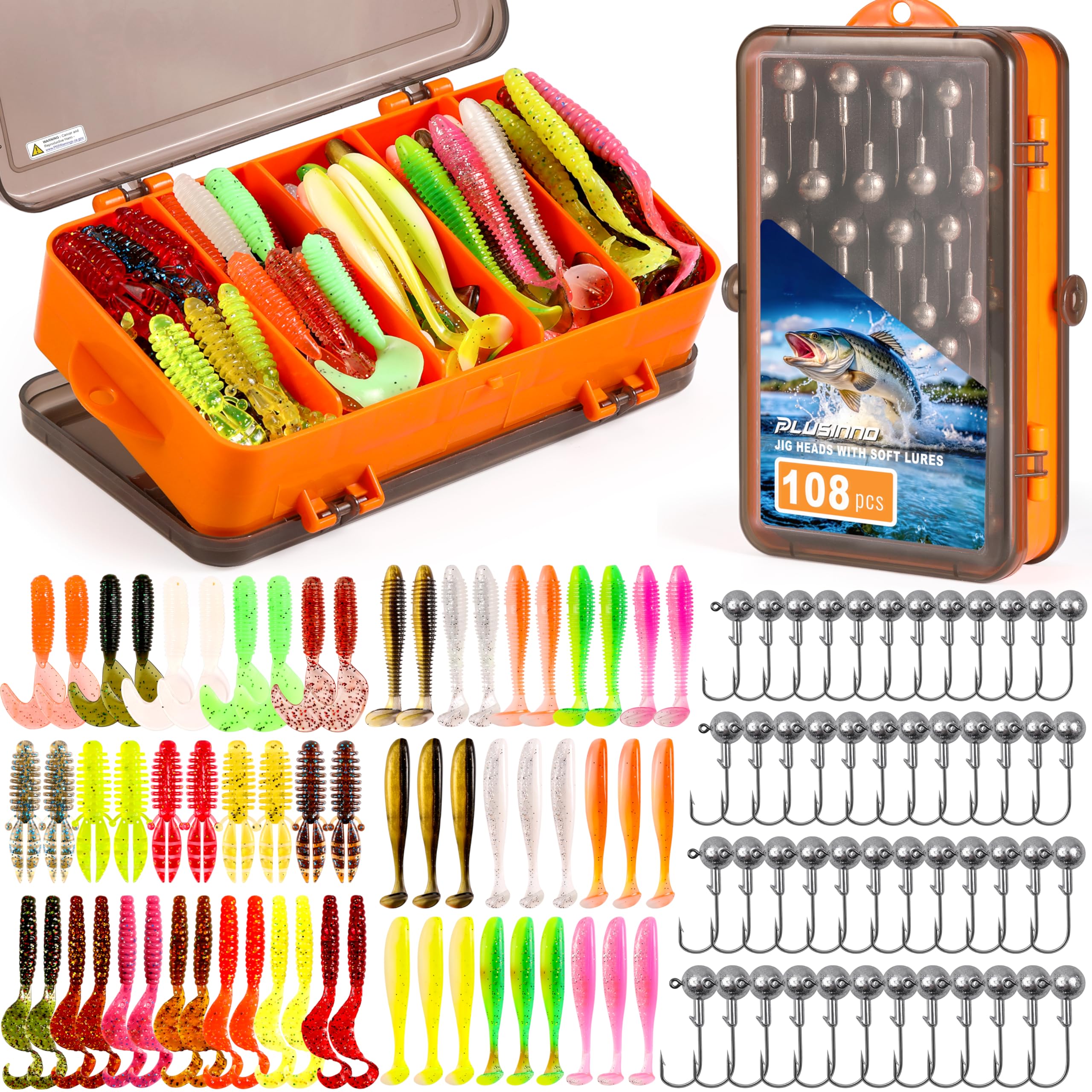 Front view of PLUSINNO 108pc tackle box with paddle tail swimbaits