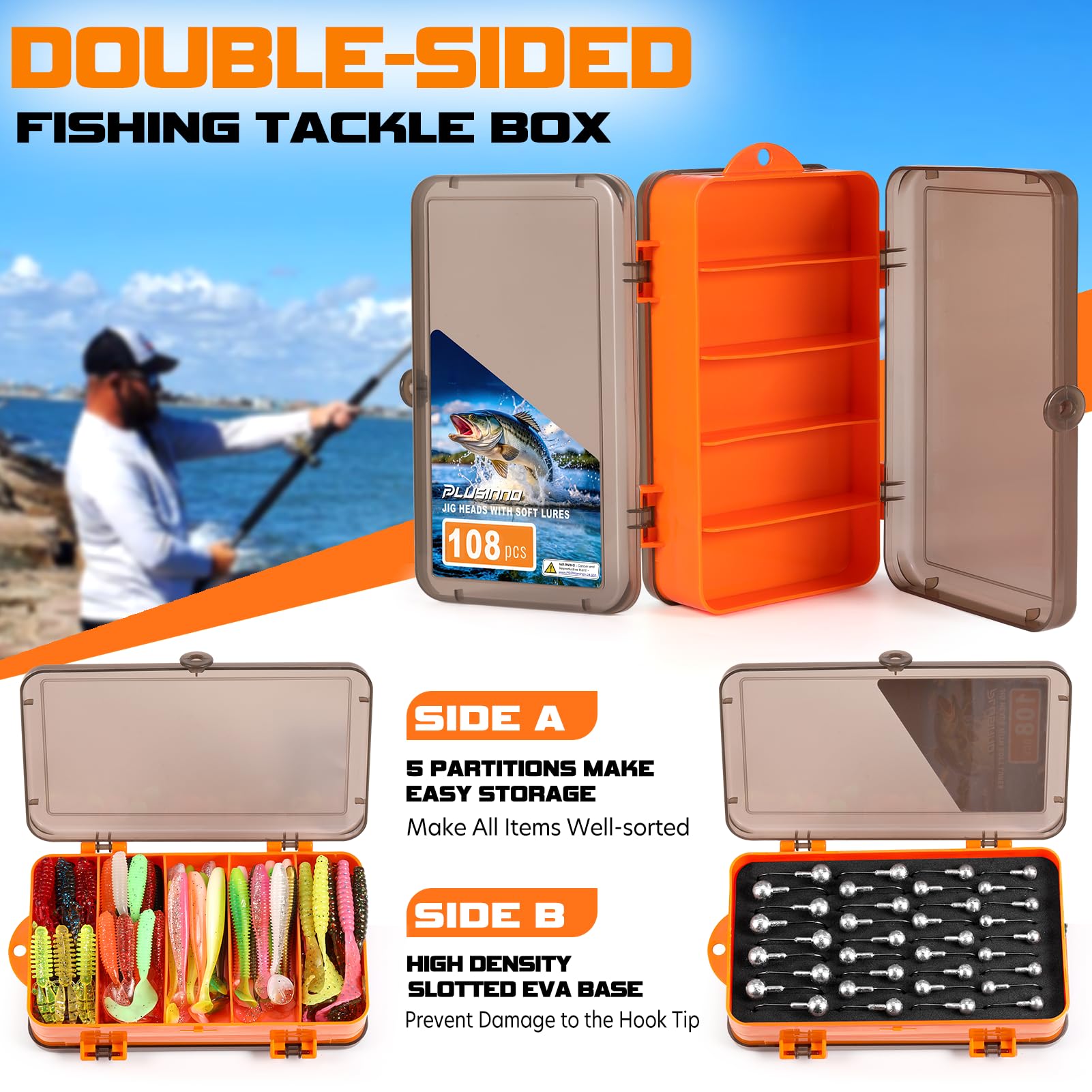 Inside view of PLUSINNO 108pcs tackle box with lures and jig heads