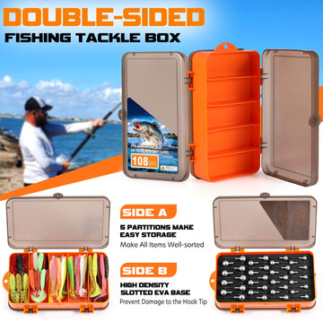 Inside view of PLUSINNO 108pcs tackle box with lures and jig heads