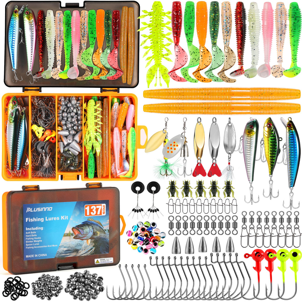 Front view of PLUSINNO 137-piece fishing tackle kit