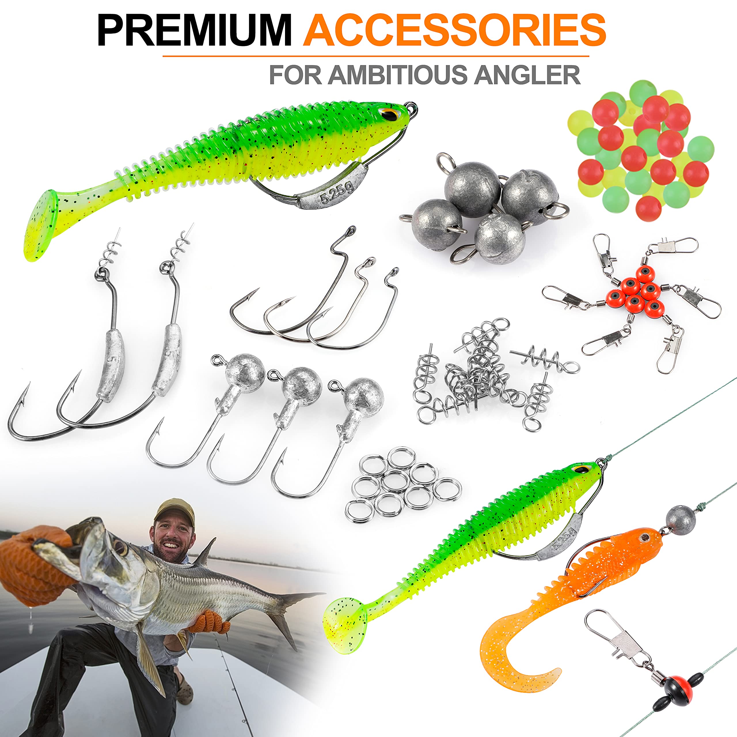 Close-up of hooks, weights and lures in PLUSINNO kit