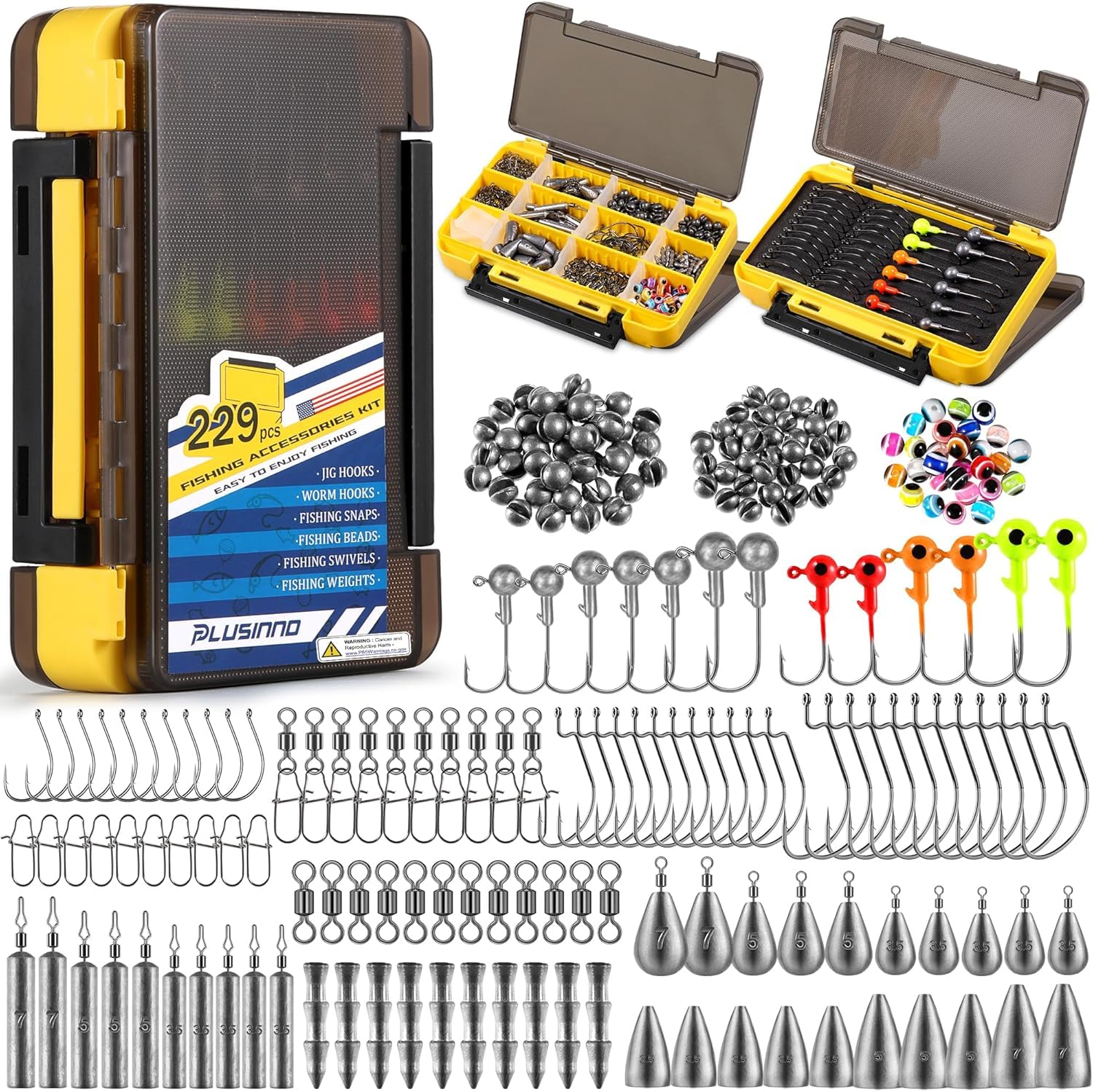 PLUSINNO 229-piece fishing accessories kit with double-sided tackle box open view