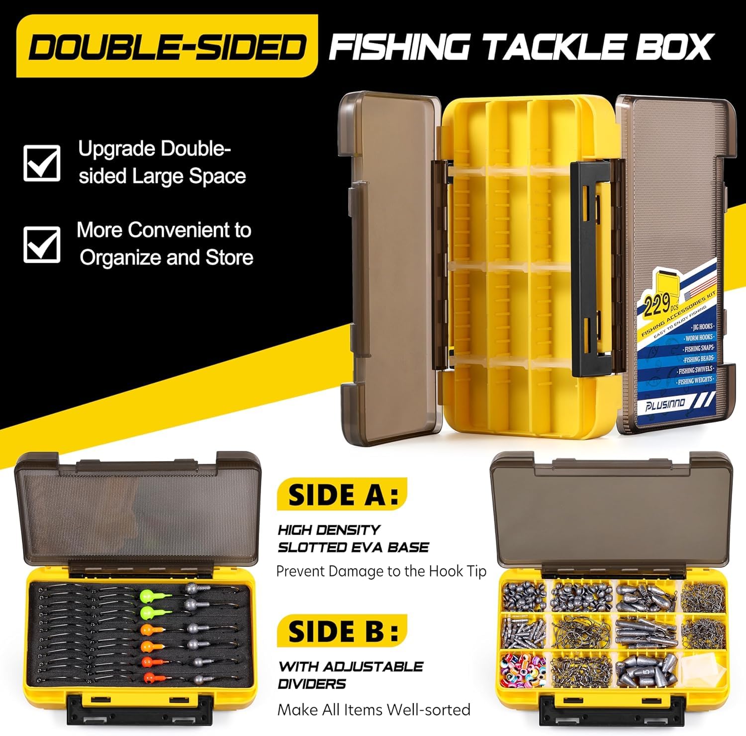 Double-sided tackle box with adjustable dividers and protected hook area