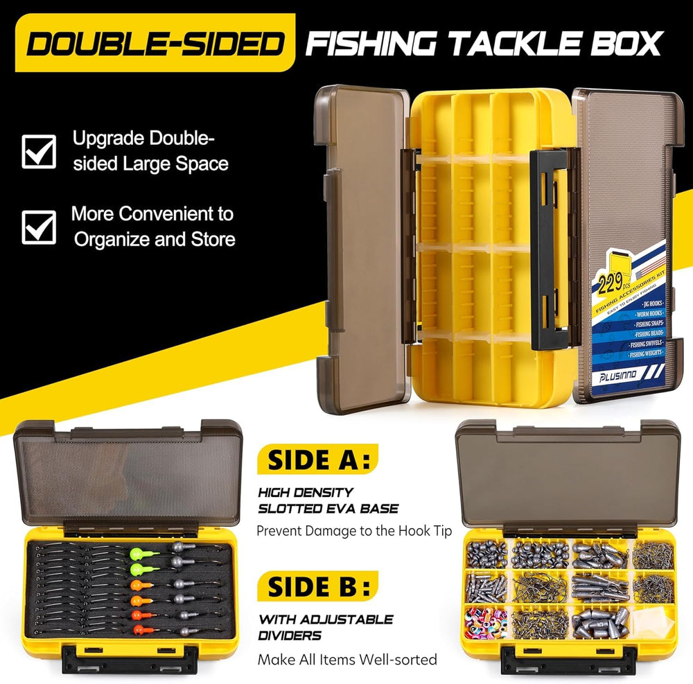 Double-sided tackle box with adjustable dividers and protected hook area