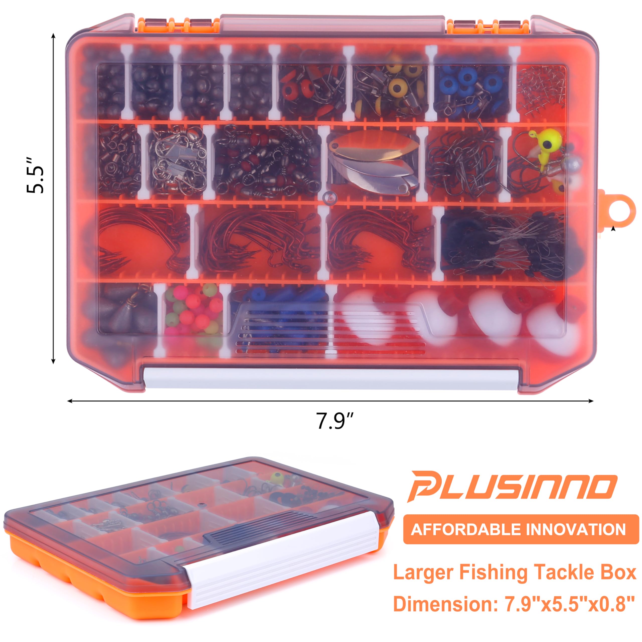 Assorted hooks, weights, beads, swivels, and lures organized in compartments