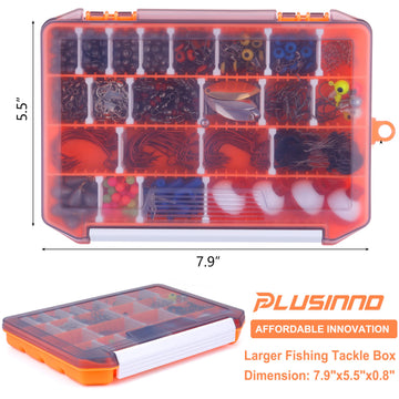 Assorted hooks, weights, beads, swivels, and lures organized in compartments